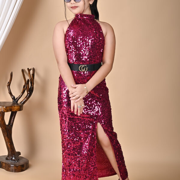 Girls Premium Sequin Long Dress (Pink)